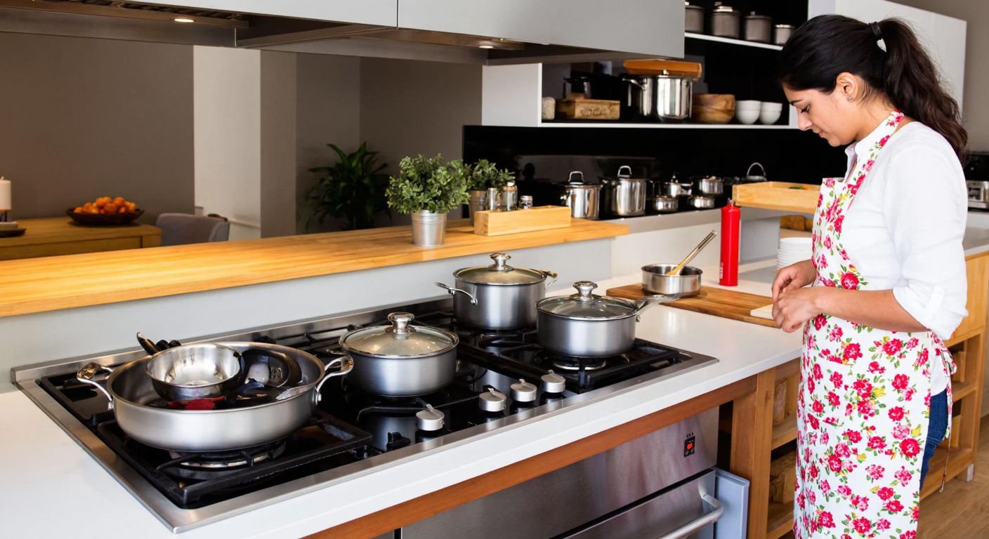 A modern Turkish kitchen with a stainless steel countertop stove, surrounded by neatly arranged pots and pans, while a woman in a floral apron carefully inspects the stove's burners and controls.