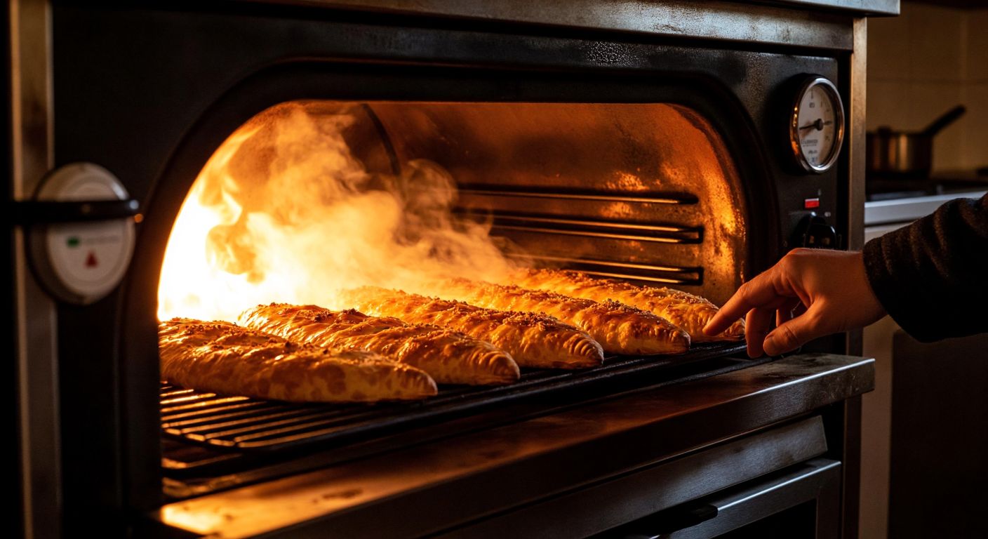 A warm, glowing oven in a Turkish kitchen with golden-brown börek or pide baking inside, steam rising gently, and a hand adjusting the temperature dial.