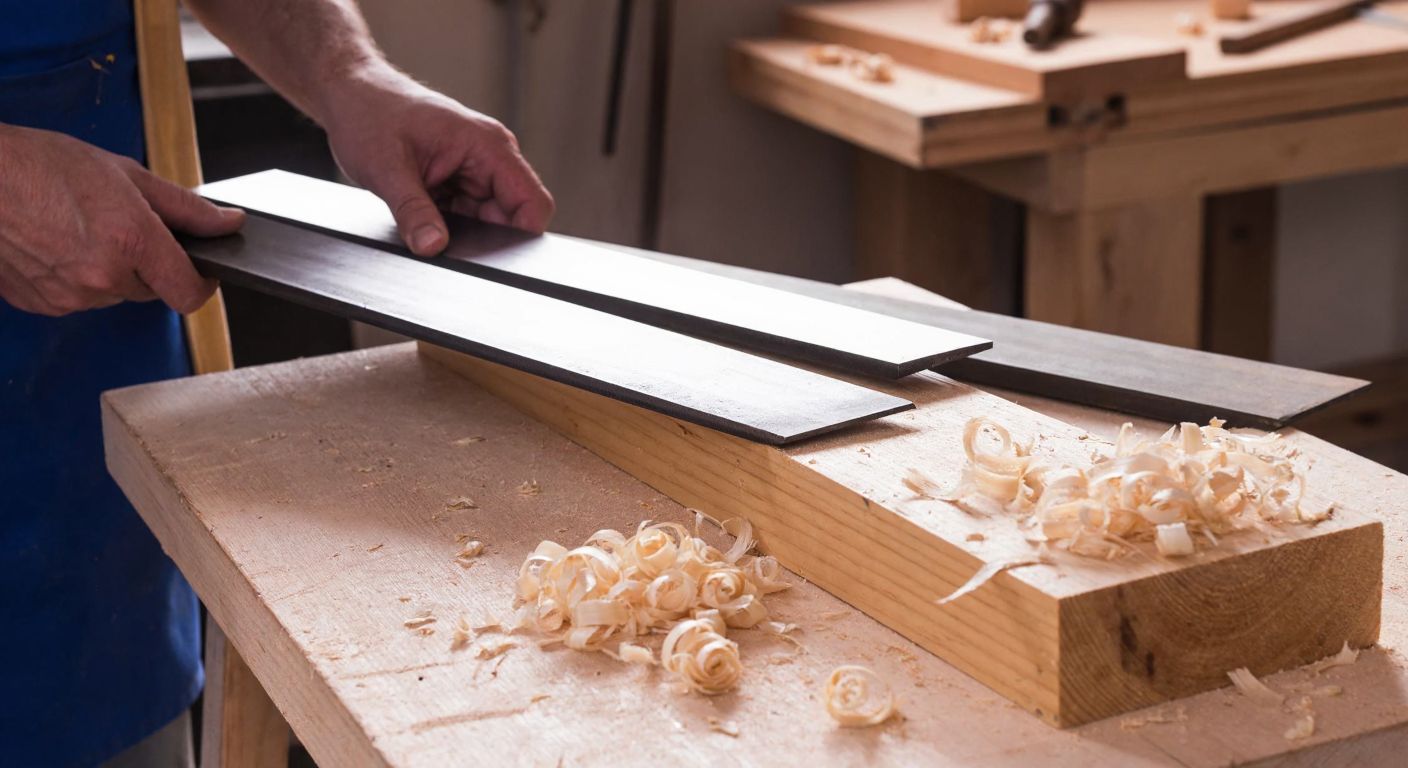 A sturdy wooden workbench in a Turkish carpentry workshop holds a set of sharp planer blades—two, three, and four arranged neatly—with wood shavings scattered nearby and a craftsman’s calloused hands adjusting them.