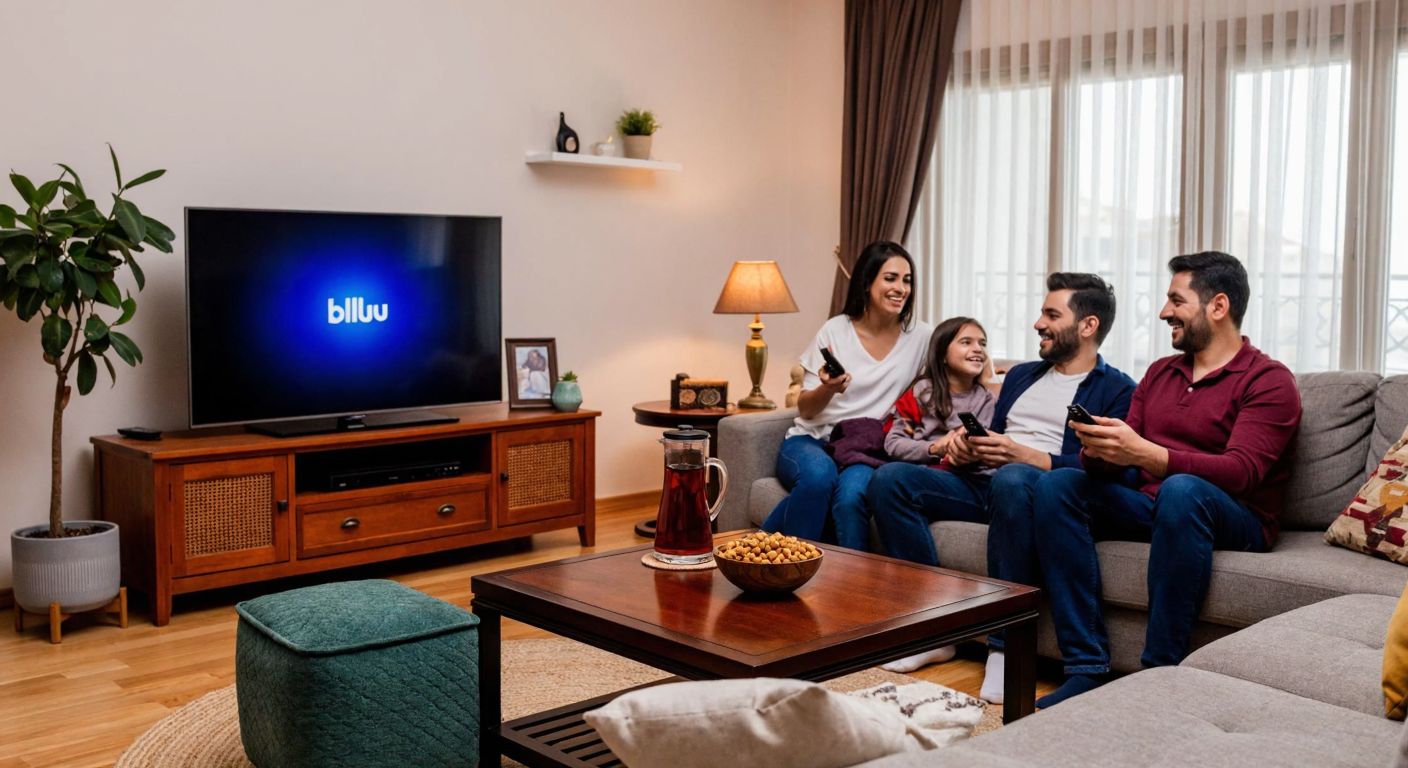 A cozy Turkish living room with a family gathered around a television streaming BluTV, holding remote controls and smiling while enjoying a movie, with a bowl of roasted chickpeas and çay on the coffee table.
