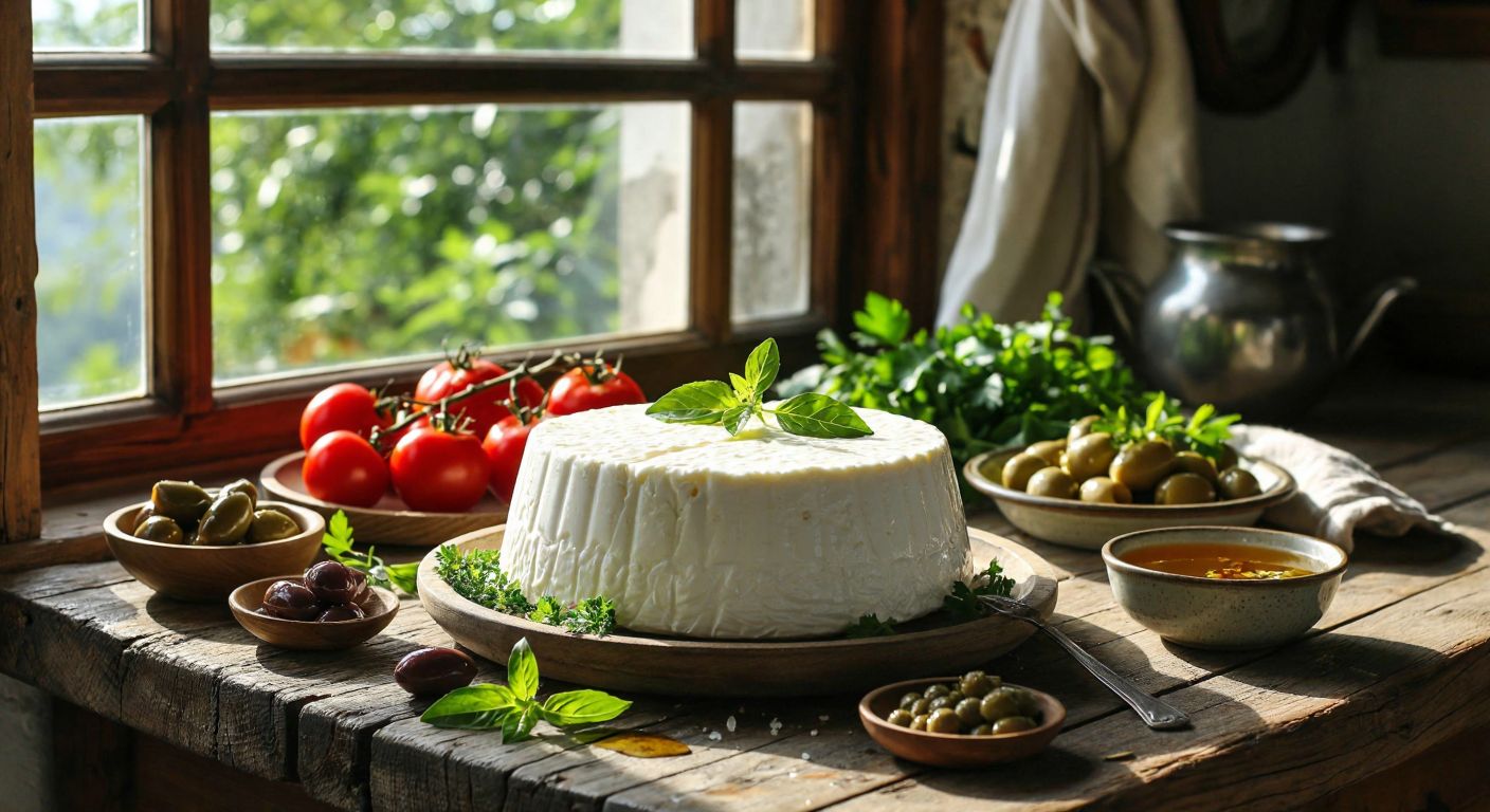 A creamy white quark cheese sits on a rustic wooden table in a Turkish kitchen, surrounded by fresh vegetables, olives, and a small bowl of honey, with sunlight streaming through a window.