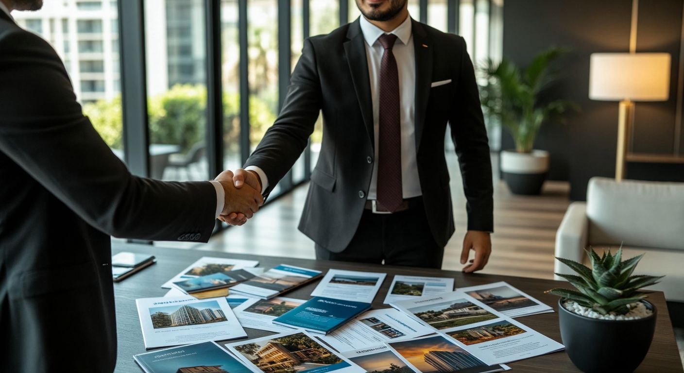 A well-dressed Turkish businessperson in a modern office shakes hands with a client over a table scattered with property brochures, insurance documents, and travel itineraries, symbolizing the diverse roles of an agent.