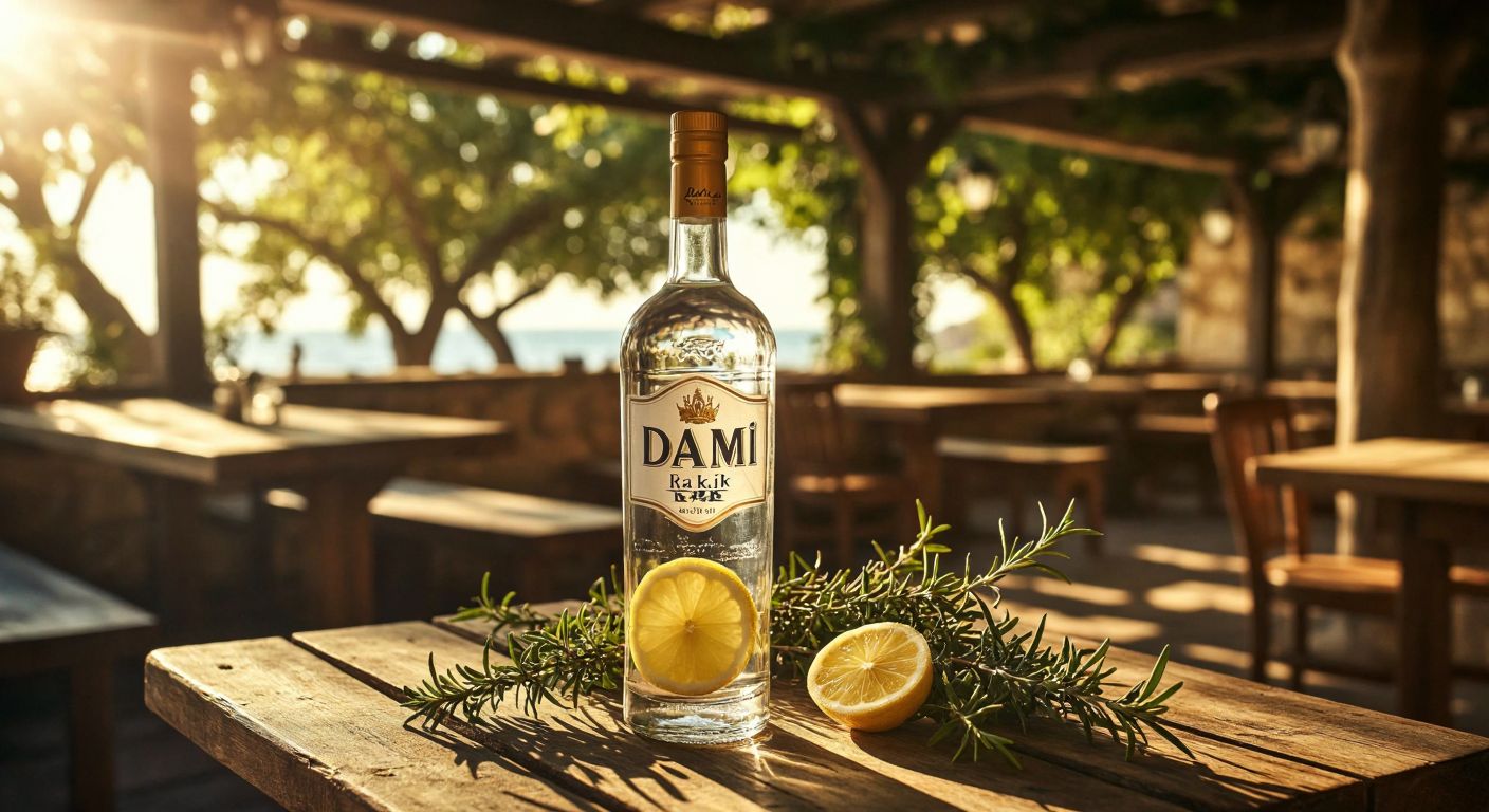 A clear glass bottle of Daim rakı sits on a rustic wooden table in a sunlit Turkish tavern, with fresh anise branches and lemon slices beside it.
