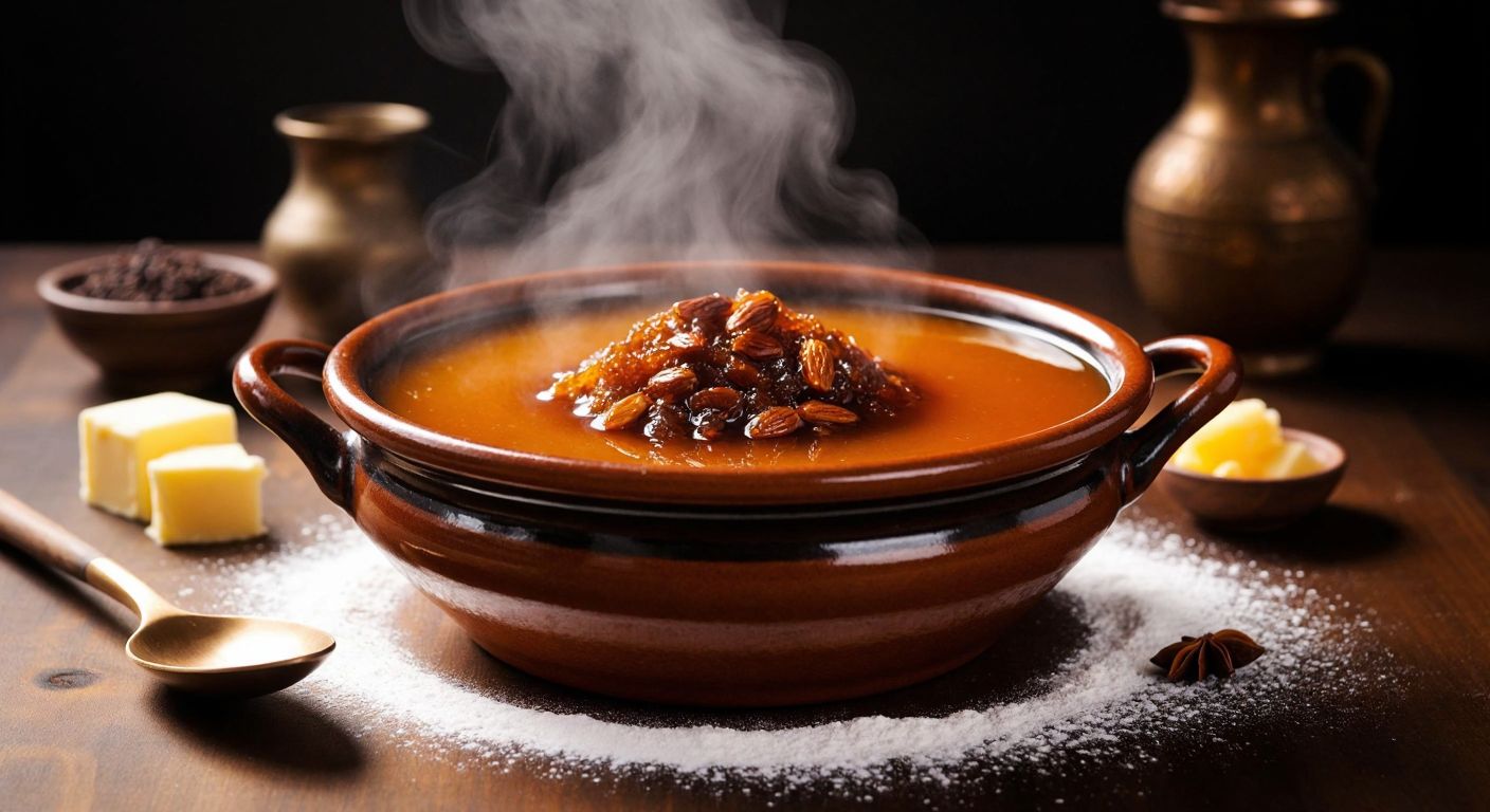 A warm, amber-colored aside dessert sits in a traditional Turkish ceramic bowl, drizzled with glossy pekmez, surrounded by scattered ingredients like flour, butter, and vanilla, with steam rising gently from its surface.
