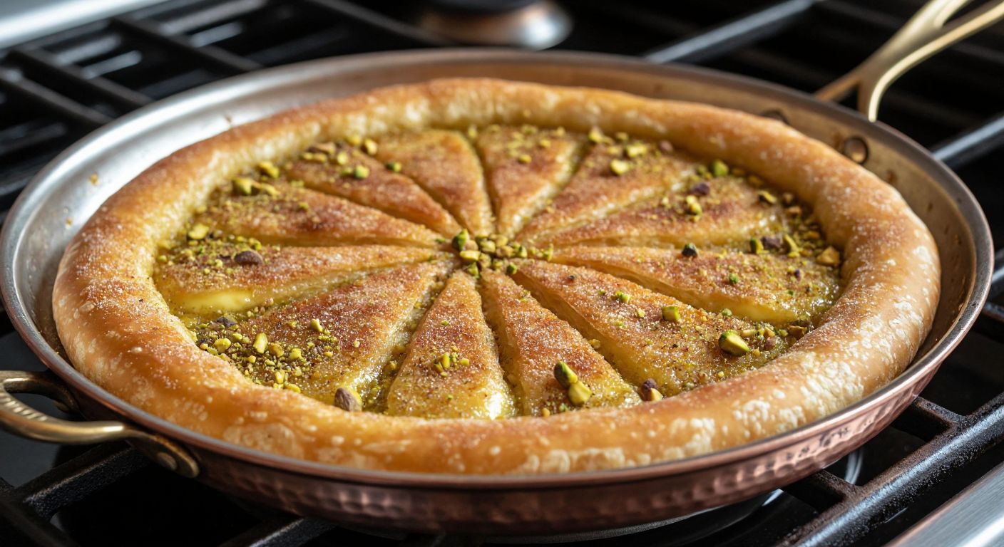 A warm, golden-brown katmer made from store-bought dough, layered with melted butter, sprinkled with sugar and crushed pistachios, sizzling in a traditional Turkish copper pan on a stove.