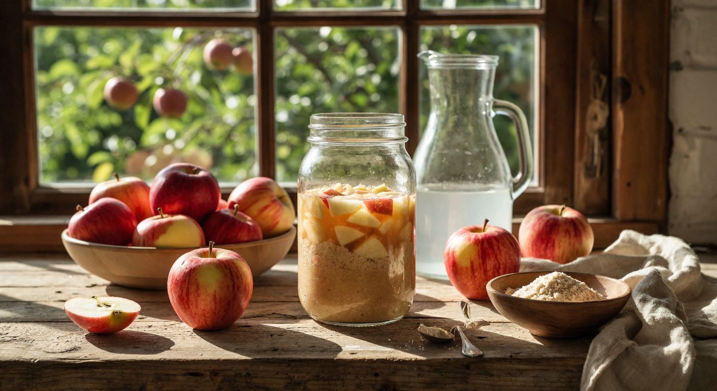 A rustic wooden table in a sunlit Turkish kitchen holds a glass jar filled with bubbling apple-and-flour starter, surrounded by fresh organic apples, a bowl of whole wheat flour, and a pitcher of clear water.