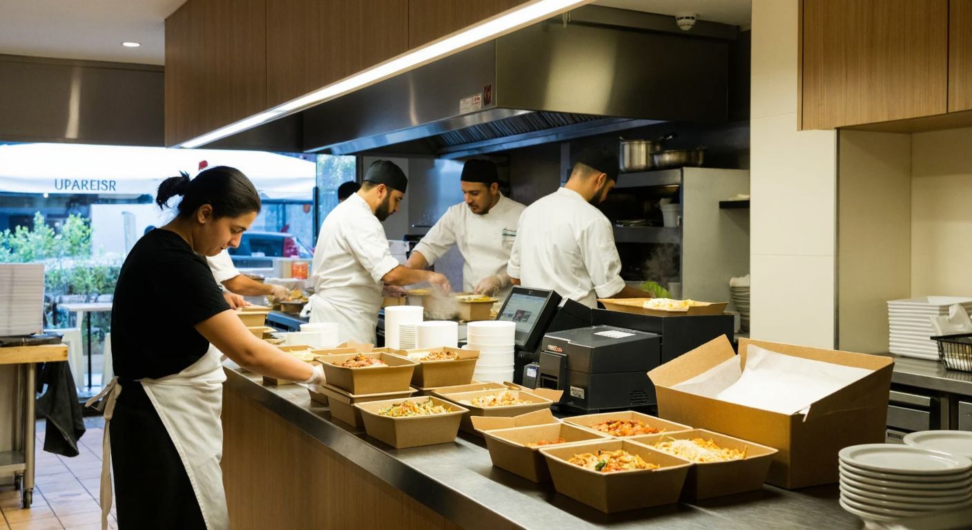 A bustling Turkish restaurant kitchen with chefs packing steaming hot meals into disposable cardboard food containers, while a cashier nearby operates a modern POS machine printing receipts.