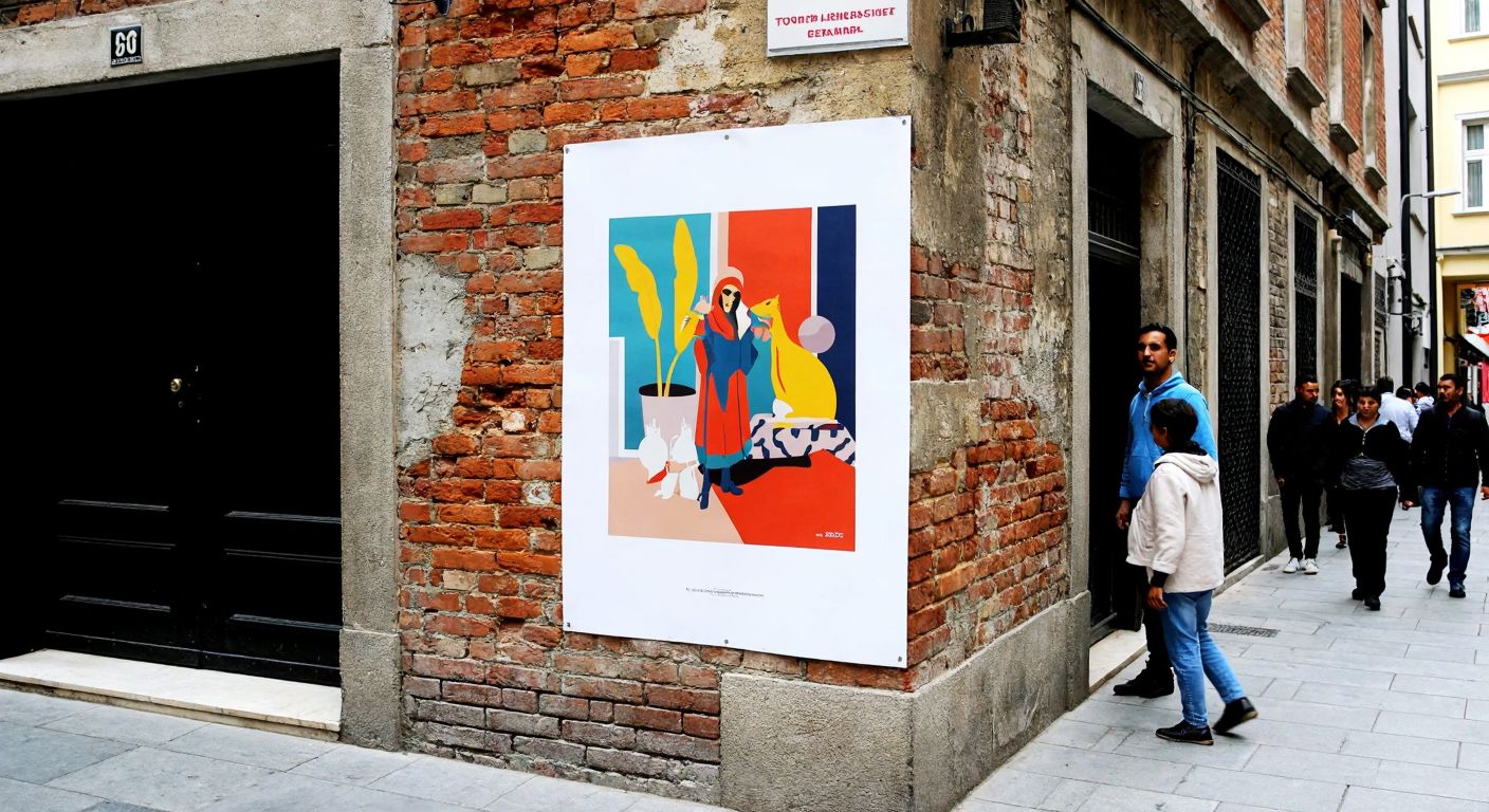 A vibrant, large-format poster pinned to a weathered brick wall in a bustling Istanbul street, featuring bold colors and abstract shapes, with curious passersby glancing at it.