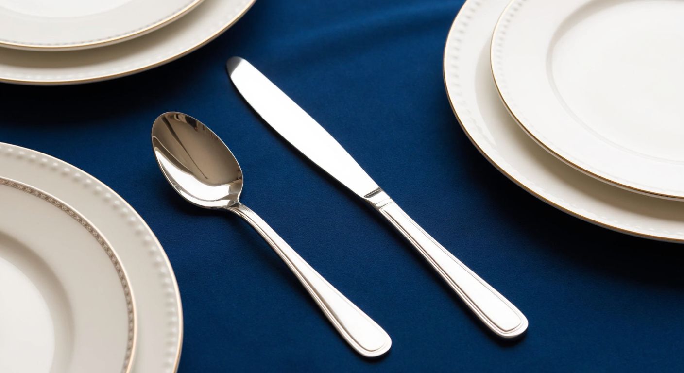A neatly set Turkish dining table with a polished dessert knife placed horizontally above a porcelain plate and a delicate dessert spoon resting beside it, evoking elegance and tradition.