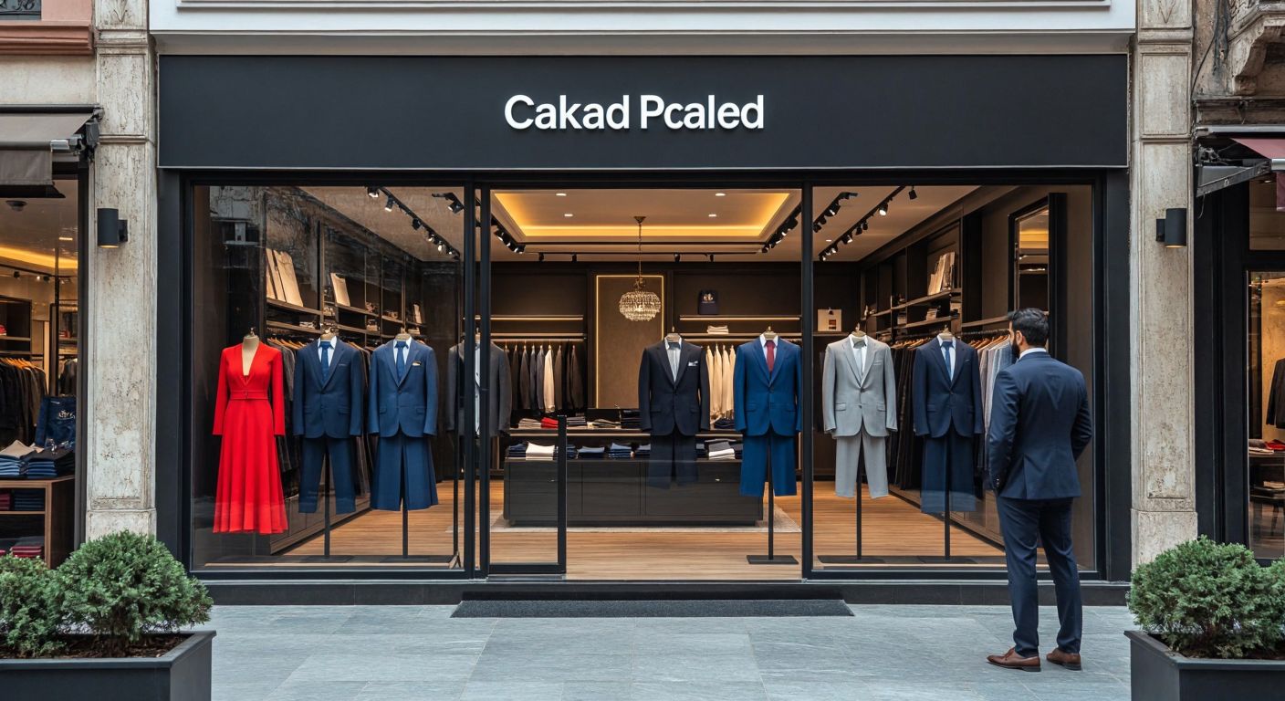 A modern storefront in a bustling Turkish city, displaying neatly arranged second-hand formal suits and dresses in the window, with a well-dressed businessperson examining the interior's sleek, corporate-style design.