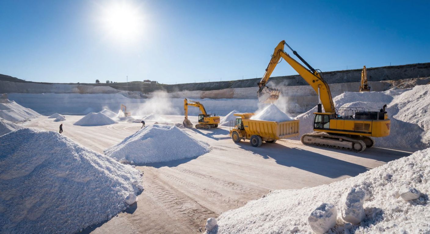 A vast, sunlit Turkish mining landscape with workers extracting white trona crystals, surrounded by industrial machinery and stacks of soda ash bags ready for export.
