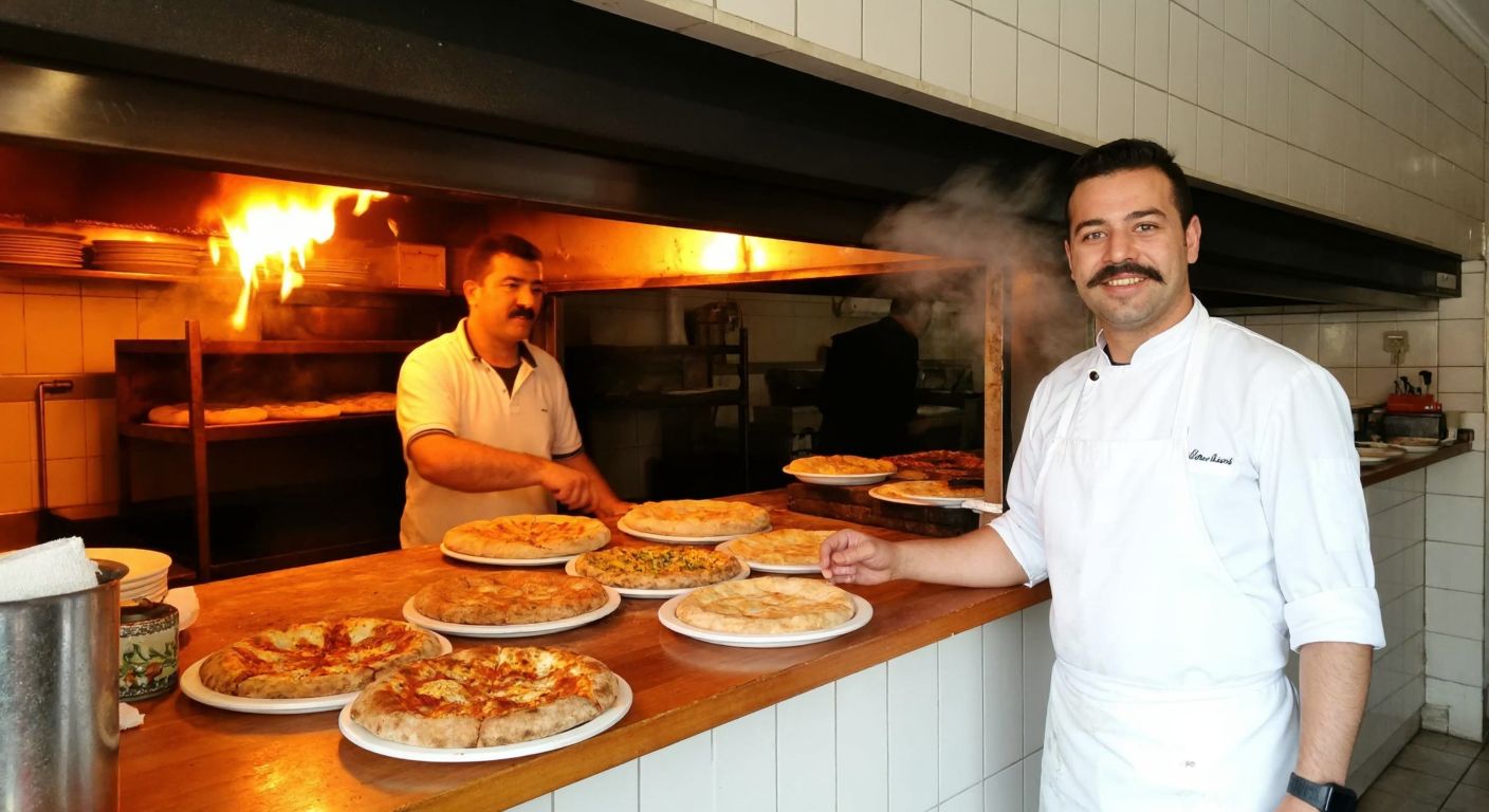 A bustling pide restaurant in Aydın's Efeler district, with a warm golden glow from the oven, steam rising from freshly baked pides, and a mustachioed chef in a white apron smiling proudly behind a wooden counter.