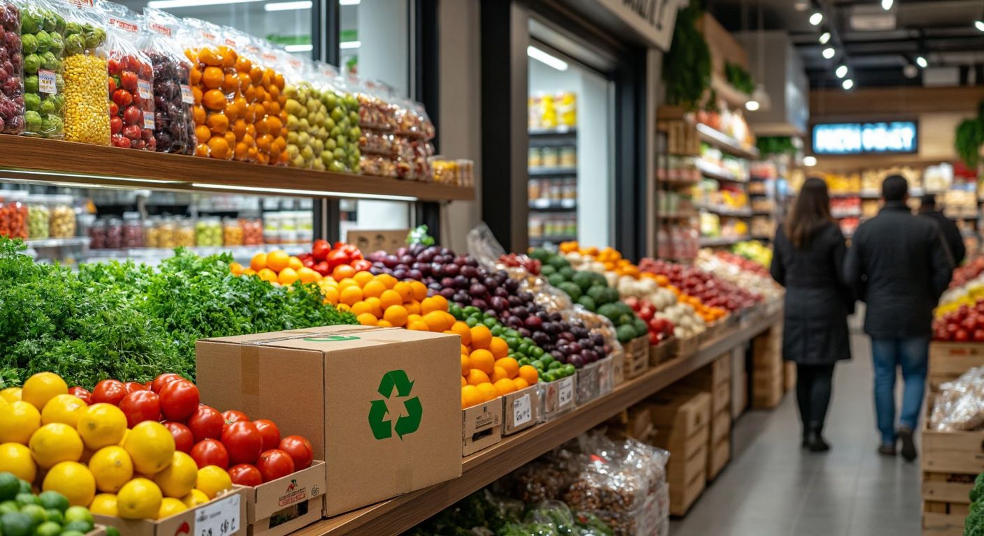 A vibrant cardboard box with a bold brand logo and a green recycling symbol, placed on a wooden shelf in a bustling Turkish market, surrounded by colorful produce and shoppers examining packaged goods.