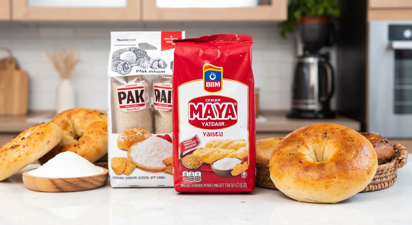 A Turkish kitchen counter displays two distinct packages of yeast—one branded Pak Maya with various types like dry and fresh yeast, and another simpler package labeled Bim Maya, placed near freshly baked bread and traditional Turkish pastries.