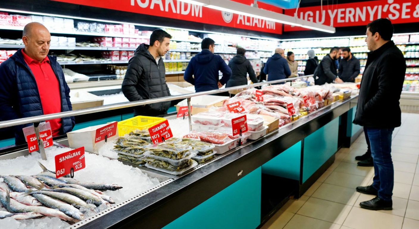 A bustling Turkish supermarket aisle with a vibrant fish counter displaying fresh, uncleaned anchovies and neatly packaged marinated anchovies on ice, surrounded by shoppers in casual attire inspecting the selection.
