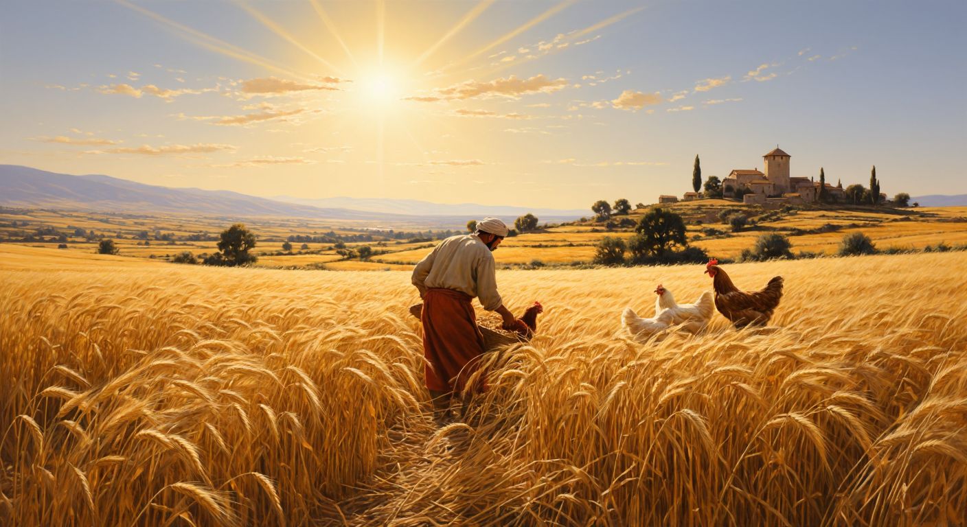 A golden field of triticale swaying in the wind under a bright Turkish sun, with a farmer in traditional clothing harvesting stalks while chickens peck at scattered grains nearby.
