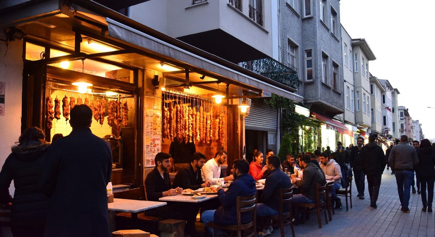 A bustling street in Istanbul's Moda neighborhood, with a small, warmly lit kebab restaurant serving sizzling skewers of meat to a diverse crowd of locals enjoying the aromatic dishes.