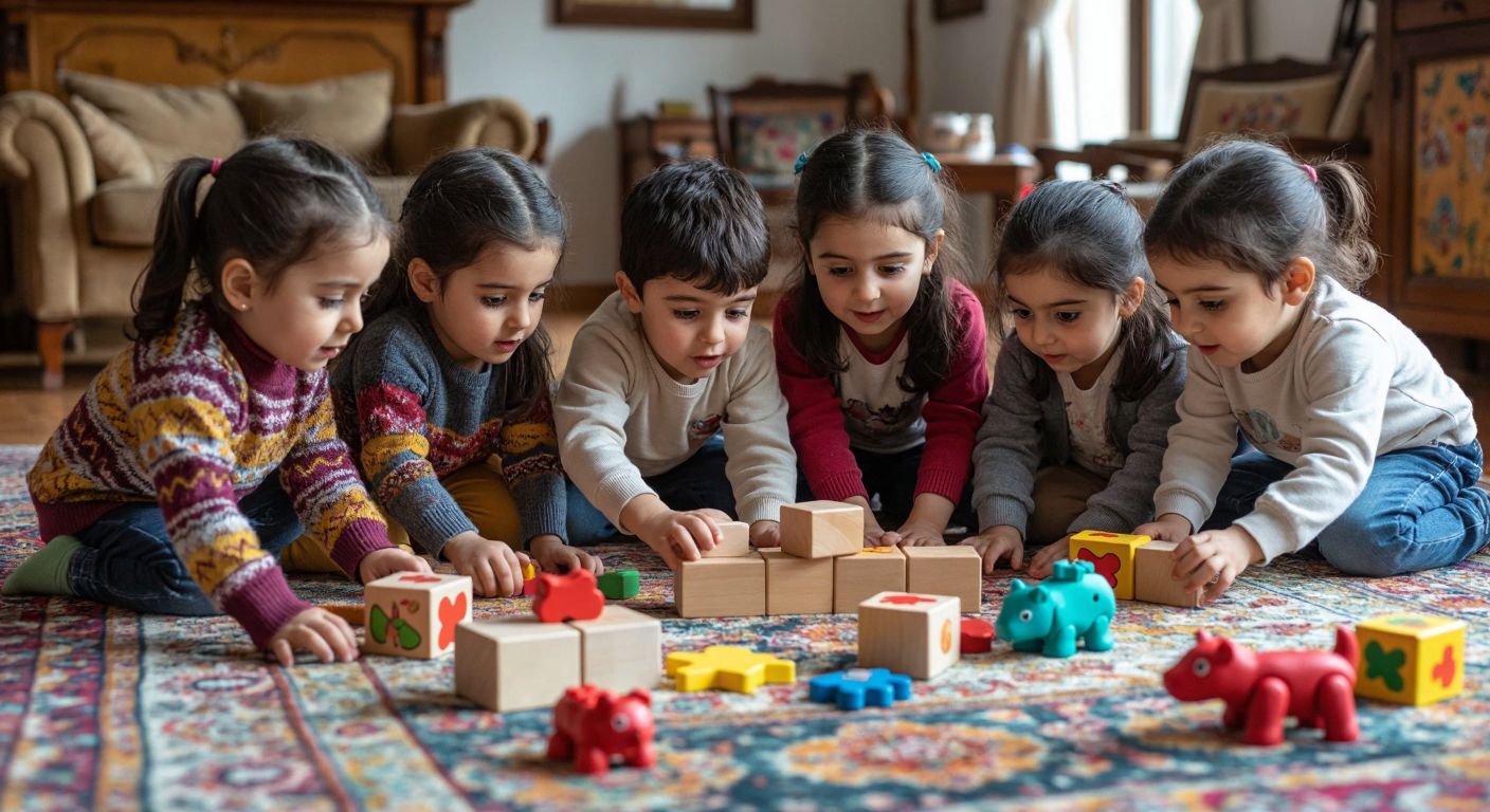 A group of Turkish children with bright, curious expressions play together on a colorful rug, surrounded by wooden blocks, a puzzle, a small robot, and play-dough shaped into animals.