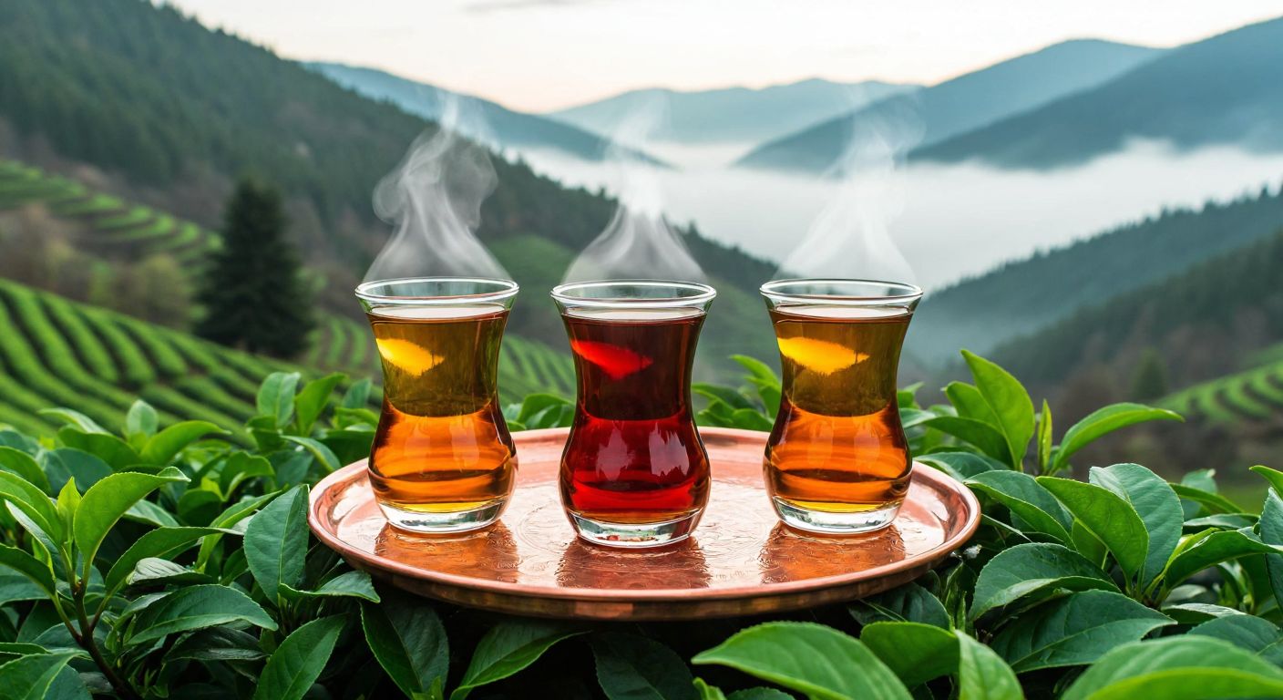 A warm, inviting Turkish tea house with a copper tray holding three small tulip-shaped glasses of steaming amber tea, each labeled with a subtle color variation (gold, deep red, and light brown), surrounded by lush green tea leaves and a misty Rize mountain backdrop.