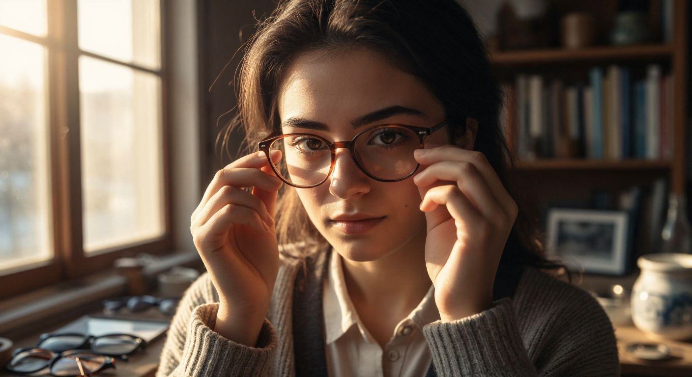 A young Turkish woman with warm brown eyes carefully measures the width of her stylish glasses with a small ruler, her brows slightly furrowed in concentration, while sunlight streams through a nearby window onto a wooden table scattered with other pairs of frames.