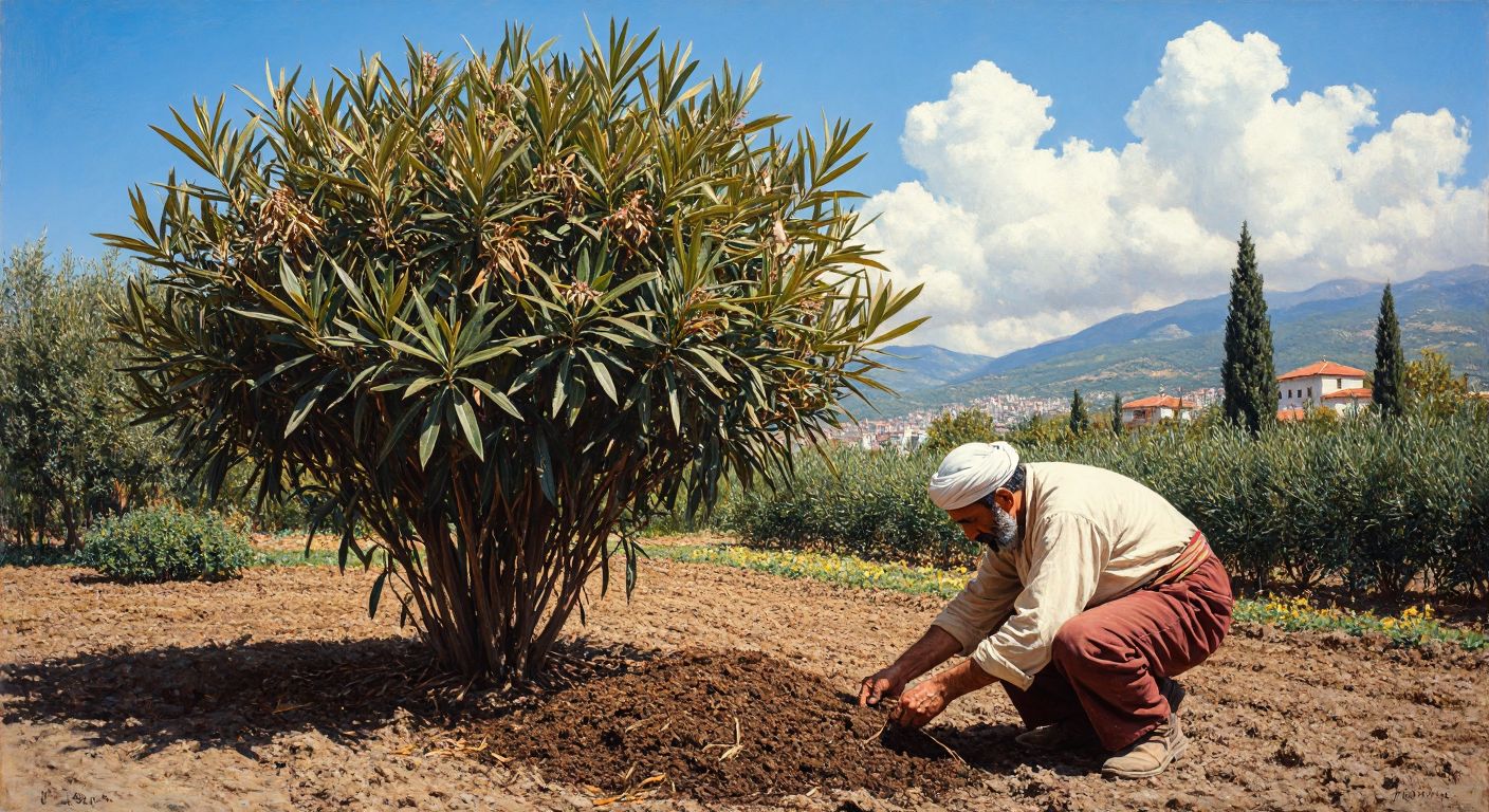 A lush oleander plant with wilted buds under a bright Turkish sun, its leaves slightly dry, while a gardener in traditional attire carefully checks the soil with concern.