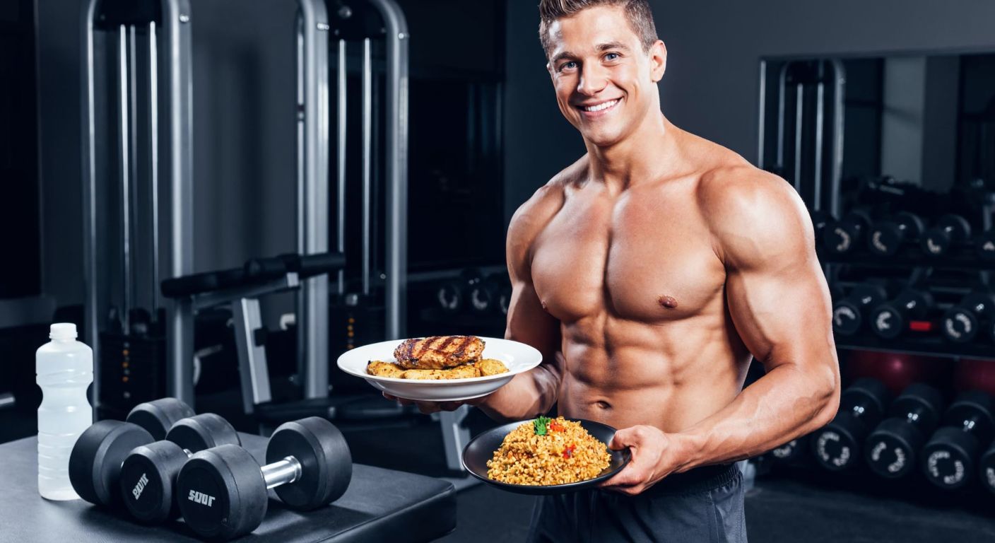 A muscular athlete in a gym, holding a plate with grilled chicken (protein) and a bowl of bulgur pilaf (carbohydrates), smiling confidently while surrounded by dumbbells and a water bottle.