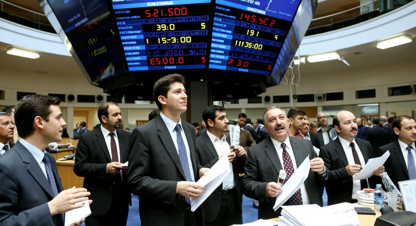 A bustling Istanbul stock exchange floor in the 1980s, with traders in suits holding papers, a large digital ticker (without text) in the background, and a sense of excitement in the air.