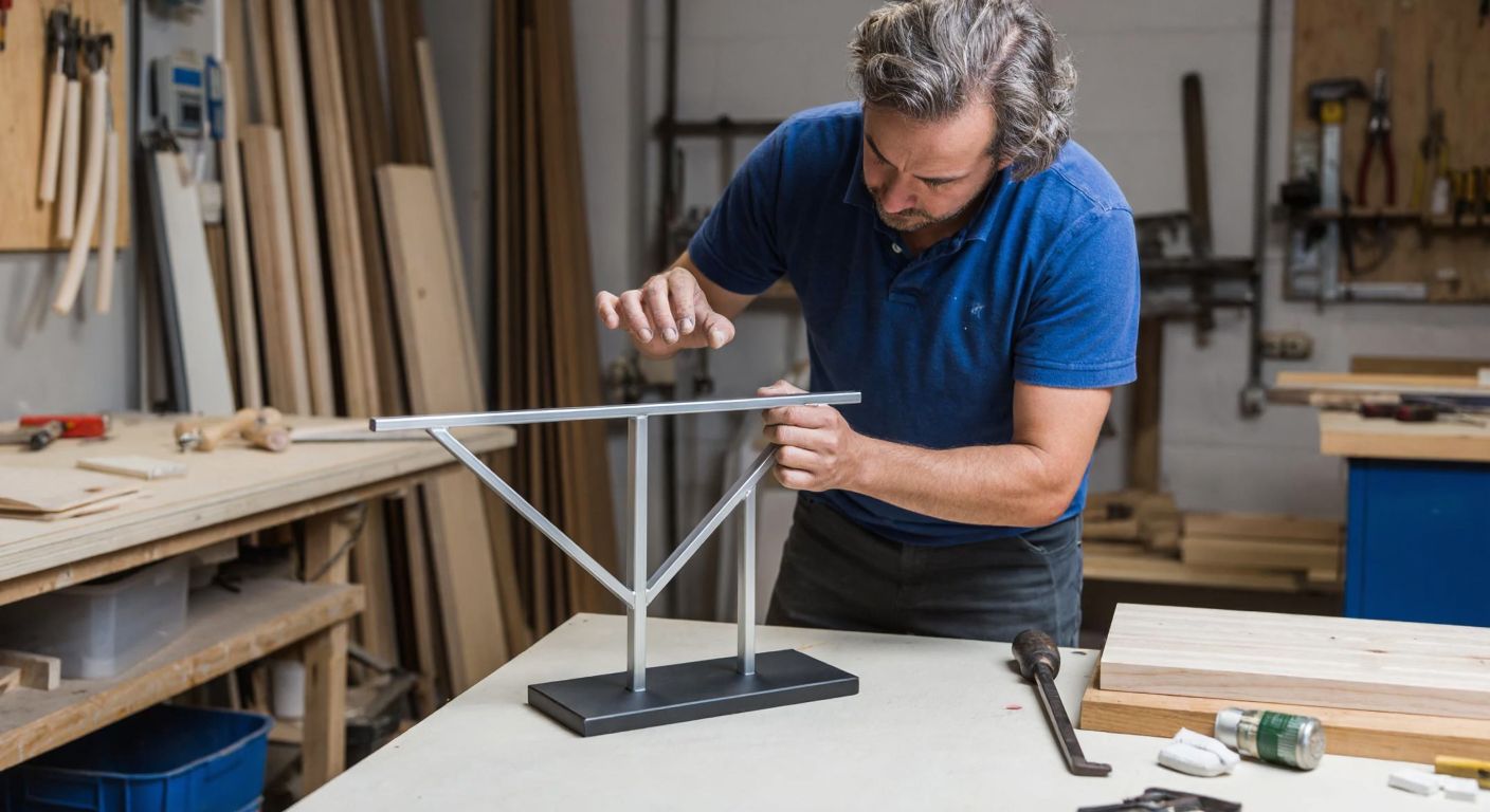 A craftsman in a workshop carefully assembling a sleek metal hanging stand, surrounded by tools and materials like wood and plexiglass, with a focused expression.