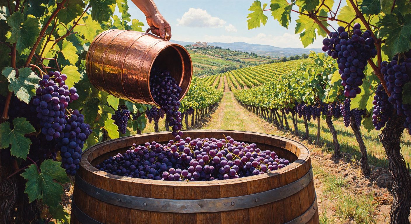 A sunlit Turkish vineyard with plump purple grapes being handpicked and pressed into a wooden barrel, while a copper still gleams nearby, capturing the essence of natural grape aroma extraction.