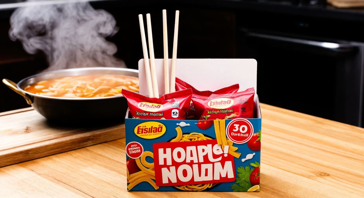 A colorful cardboard box filled with 40 noodle packets, each with a pair of wooden chopsticks peeking out, set against a wooden table in a Turkish kitchen with a steaming bowl of noodles in the background.
