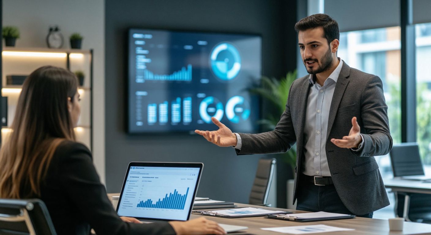 A professional Turkish financial advisor in a modern office, gesturing toward a glowing digital report on a desk while a client listens attentively.