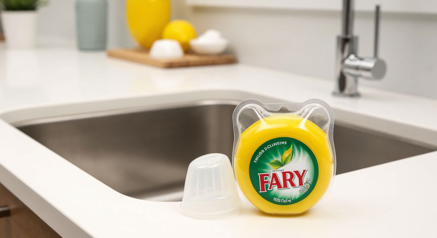 A vibrant, lemon-scented Fairy dishwasher capsule with a translucent outer pouch revealing both powdered and liquid detergent inside, placed on a clean kitchen counter next to a stainless steel sink.