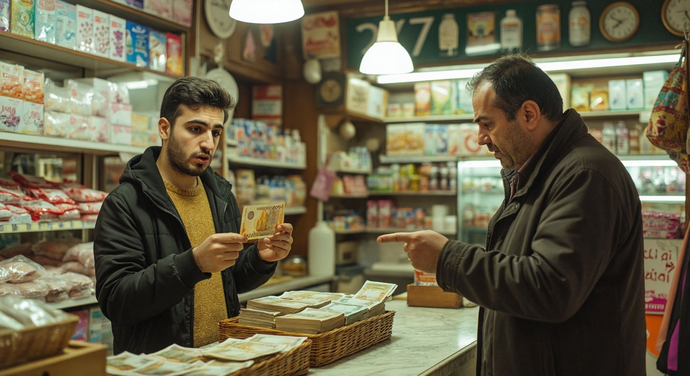 A confused traveler in Northern Cyprus holds a euro banknote while a local shopkeeper shakes their head and points to a Turkish lira bill on the counter.
