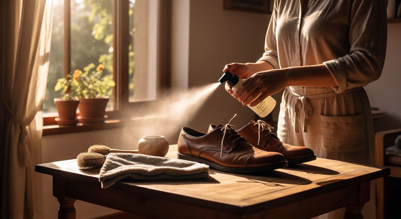 A person in a cozy Turkish home carefully sprays a shoe cleaner onto a pair of leather shoes placed on a wooden table, with a soft brush and cloth nearby, while sunlight streams through a window.
