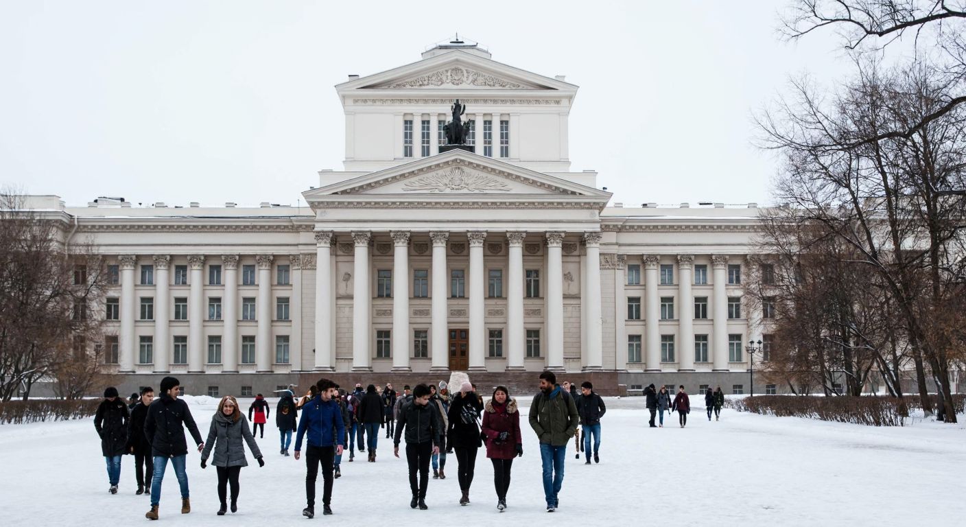 A grand, historic university building with classical Russian architecture, surrounded by students of diverse backgrounds walking through a snowy campus in Kazan.