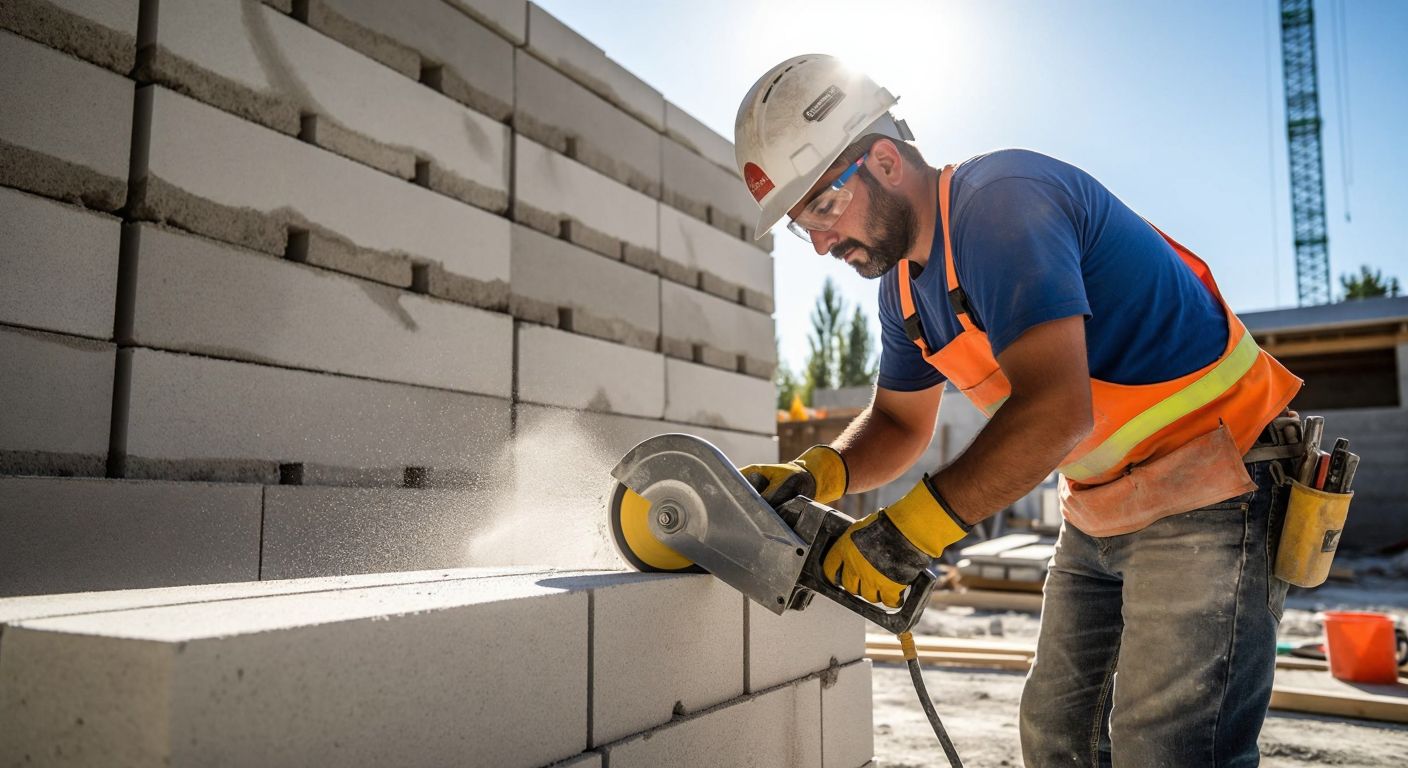 A construction worker in Turkey wearing a hard hat and gloves carefully cuts a smooth, lightweight aerated concrete block with a specialized saw, while another worker holds a measuring tape and a square tool nearby, all set against a backdrop of a half-built wall under a bright sun.