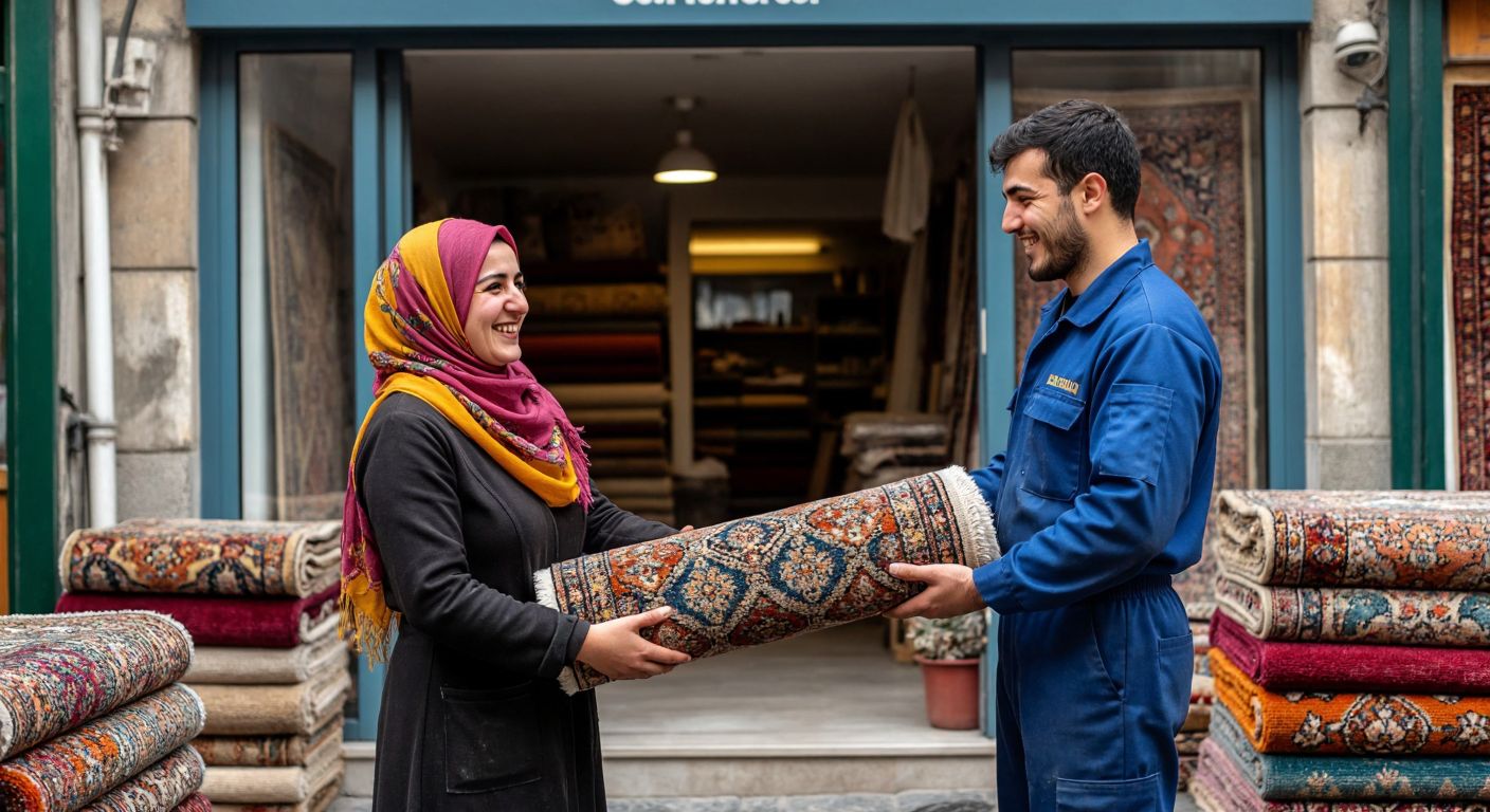 A Turkish woman in a bright headscarf hands a rolled-up carpet to a smiling worker in a blue uniform outside a small carpet cleaning shop with a signless storefront, surrounded by stacks of colorful carpets.