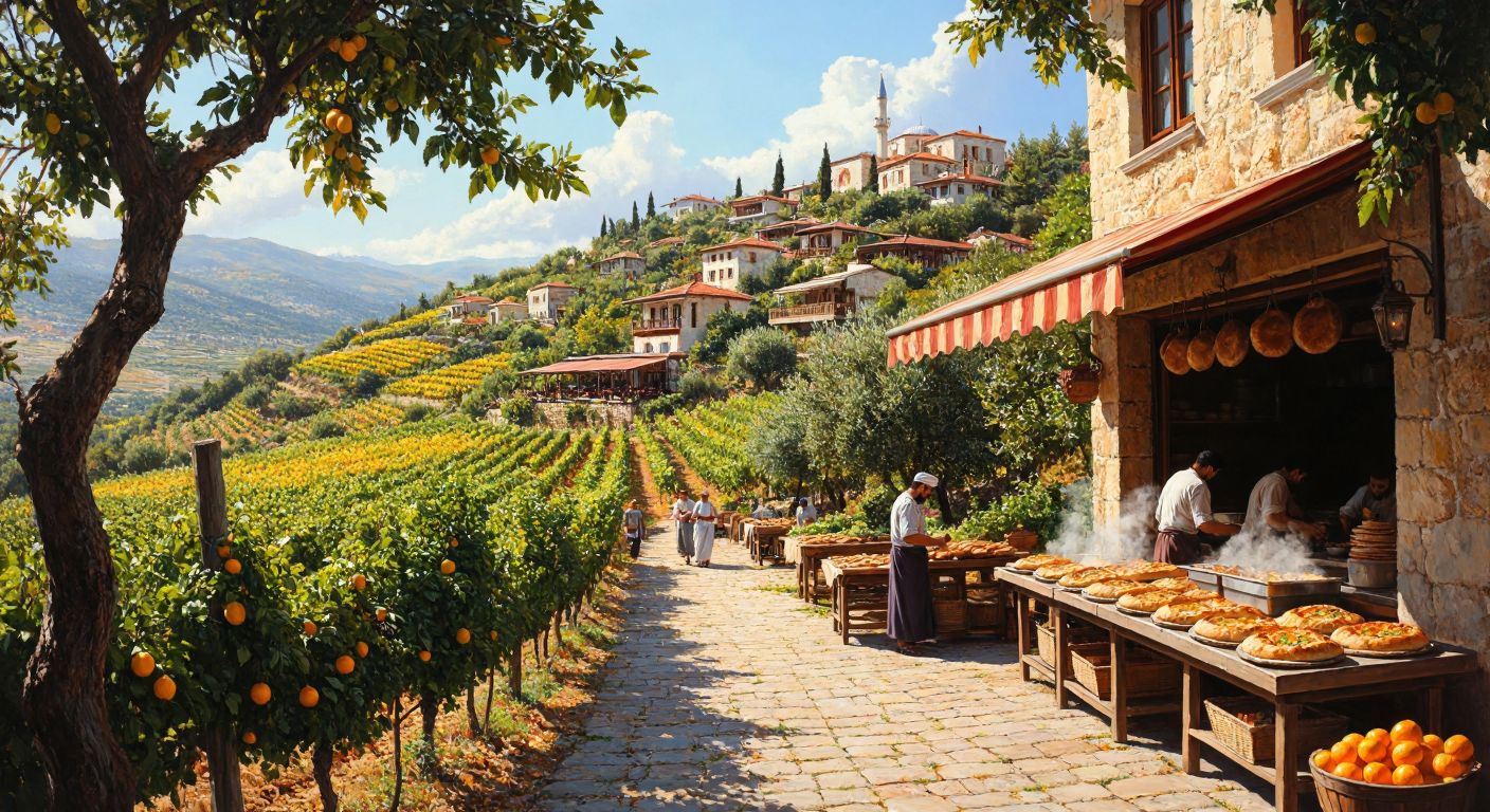 A sunlit Turkish village with lush vineyards, citrus groves, and olive trees, alongside a bustling pide restaurant in Izmir with steaming trays of freshly baked pide.