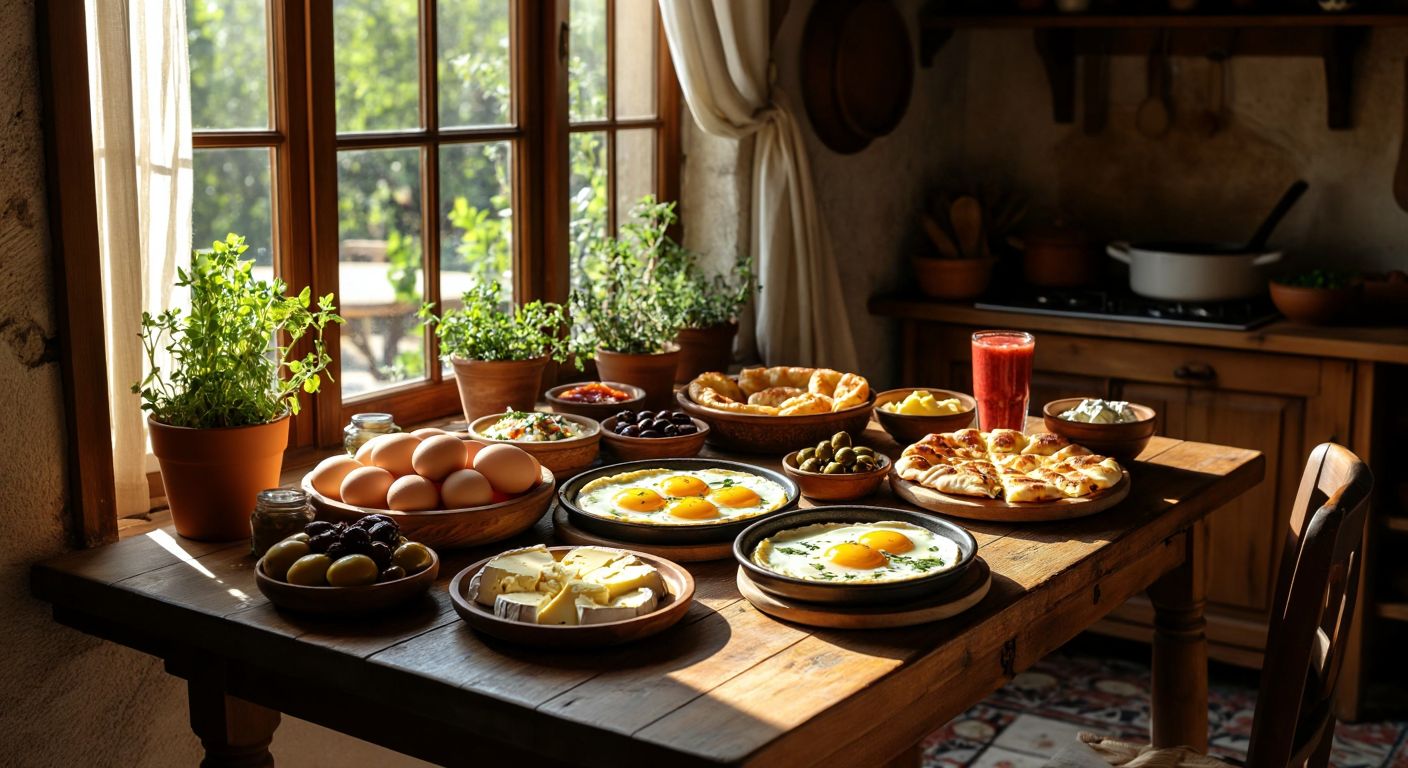 A rustic wooden table in a sunlit Turkish kitchen, laden with a colorful spread of haşlanmış yumurta (boiled eggs), golden pişi (fried dough), sizzling menemen (tomato-egg dish), freshly rolled gözleme (stuffed flatbread), and a vibrant smoothie, alongside small plates of cheese, olives, simit, and butter, evoking warmth and abundance.