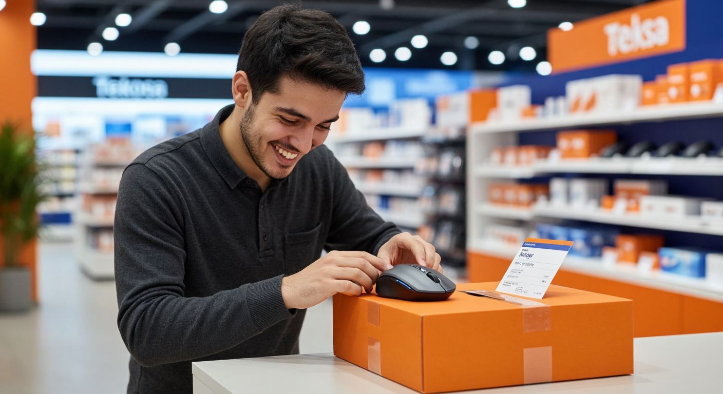 A smiling customer in a Teknosa store carefully placing a computer mouse back into its original box, with a neatly folded receipt nearby.
