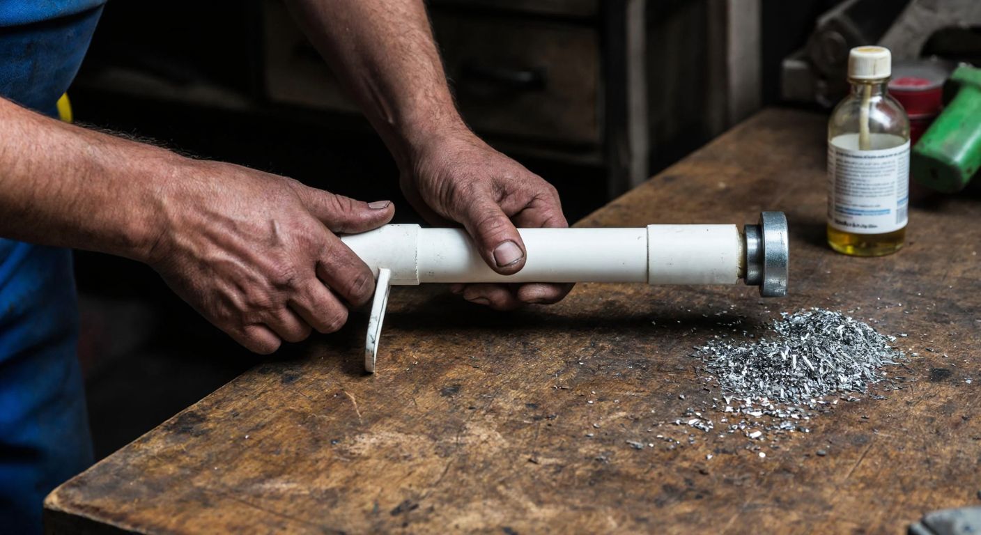 A close-up of a worker’s calloused hands carefully threading a white PVC pipe with a manual pipe threader, surrounded by scattered metal shavings and a small bottle of cutting oil on a worn wooden workbench in a dimly lit Turkish workshop.