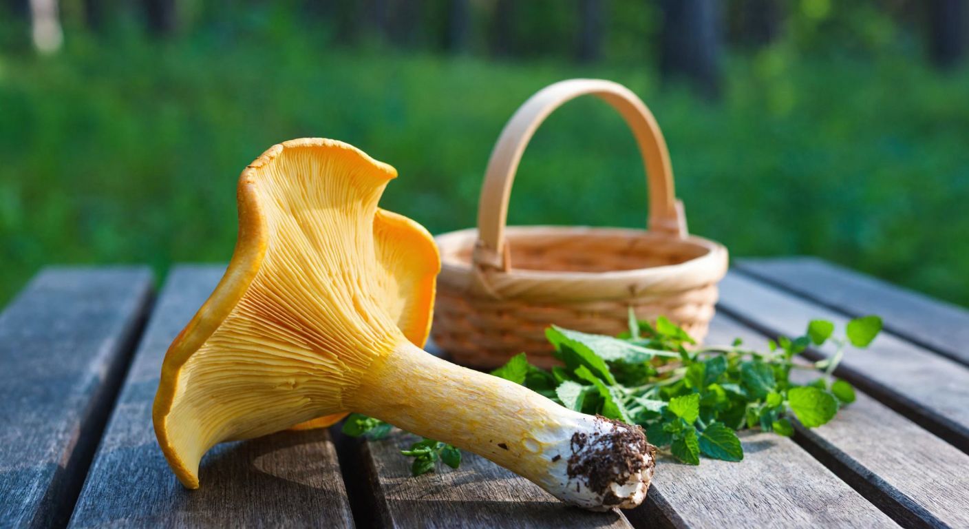 A vibrant golden-yellow trumpet mushroom rests on a rustic wooden table in a sunlit Turkish forest, surrounded by fresh herbs and a small woven basket, symbolizing health and natural abundance.