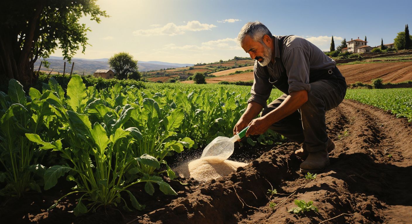 A Turkish farmer in a sunlit spring garden carefully sprinkling fertilizer around the base of vibrant rocket plants, with fresh green leaves and budding flowers.