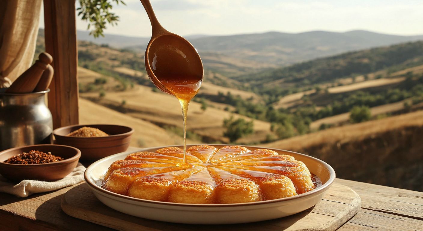 A warm, golden-brown tahini syrup drizzled over a traditional Turkish dessert in a sunlit kitchen in Central Anatolia, with a backdrop of rolling hills and a rustic wooden table.