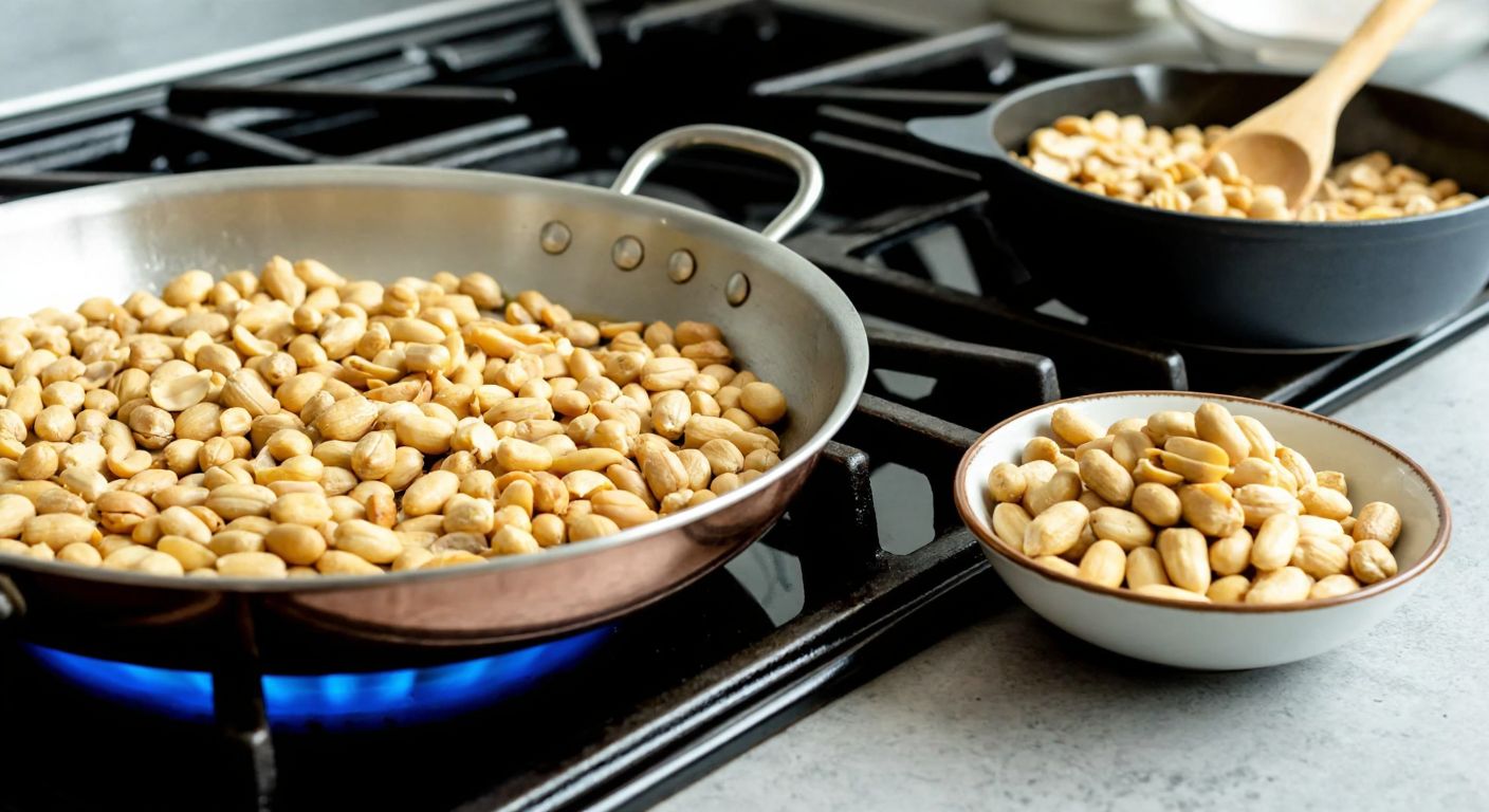 A warm Turkish kitchen with golden-brown shelled peanuts roasting in a wide pan over a stove, a wooden spoon stirring them gently, and a bowl of freshly roasted peanuts cooling nearby on a rustic counter.