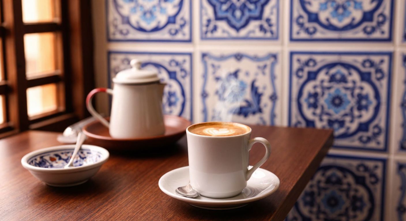 A cozy Turkish café with a steaming cup of coffee on a wooden table, surrounded by traditional Turkish ceramic tiles and a warm, inviting atmosphere.