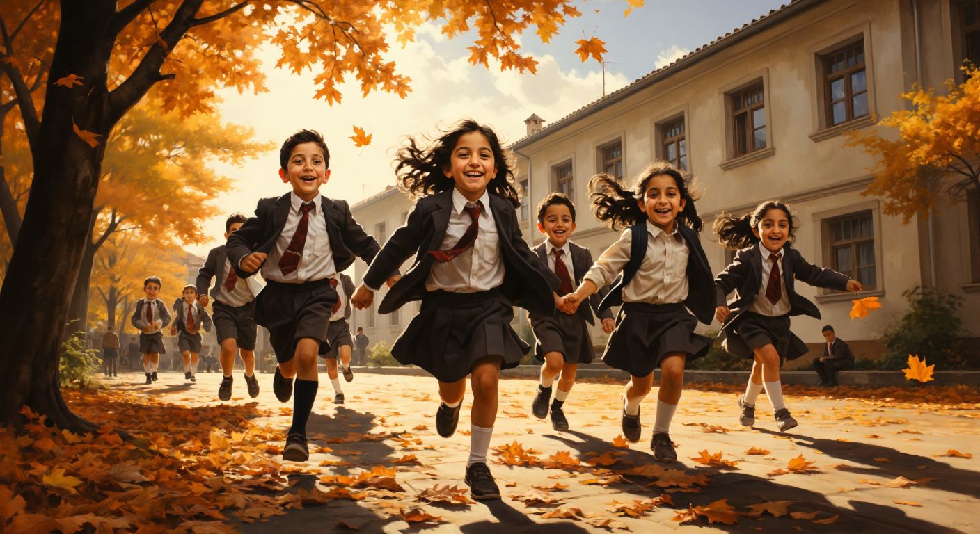 A group of cheerful Turkish children in school uniforms playing outside a sunlit school building during a break, with autumn leaves scattered on the ground.