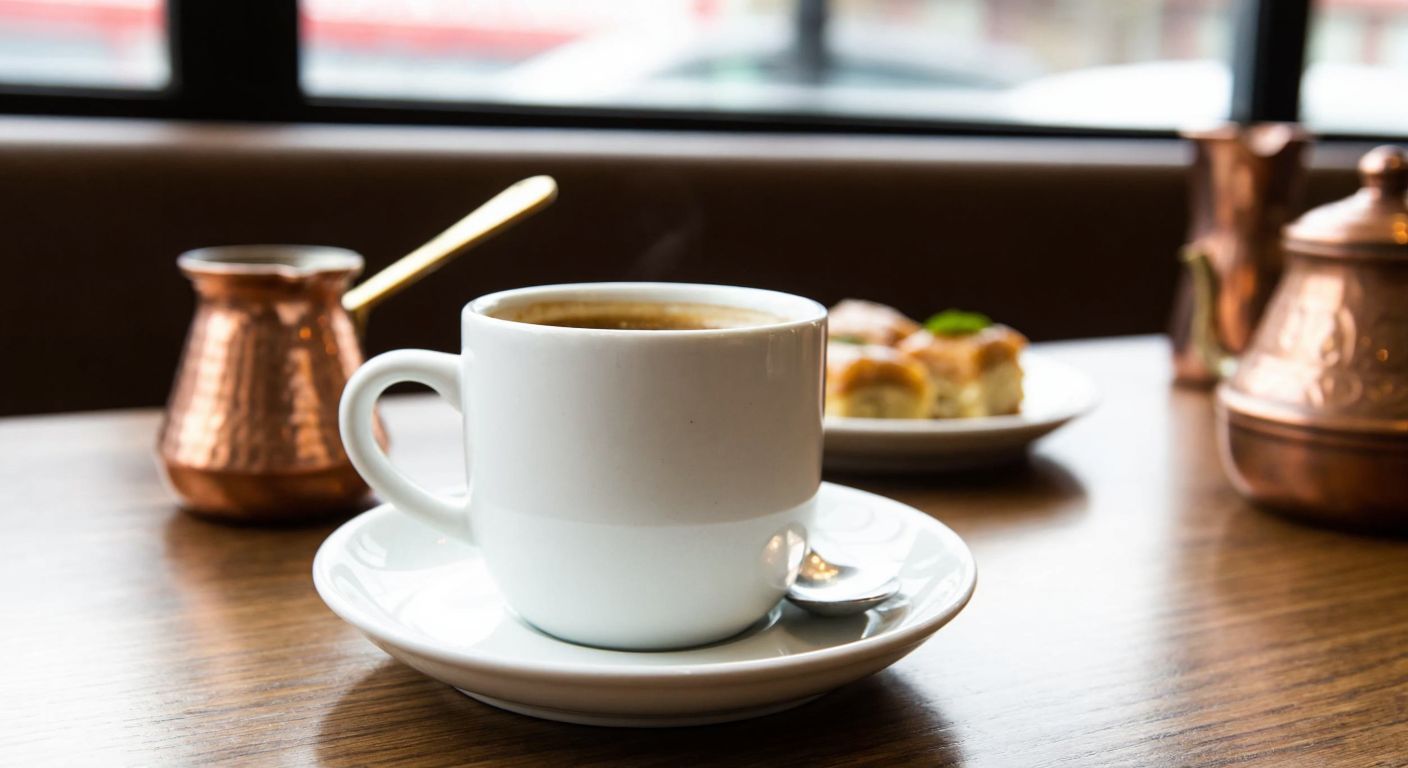 A large, sturdy white coffee cup with a thick handle, placed on a wooden table in a cozy Turkish café, surrounded by traditional Turkish coffee pots and a plate of baklava.