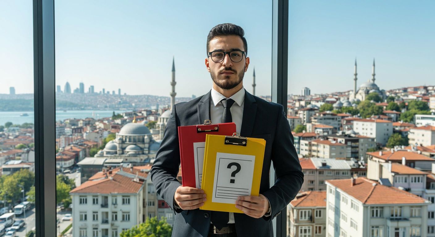 A Turkish businessperson in a formal suit holds two folders—one labeled with a question mark (RFI) and the other with a checklist (RFP)—while standing in a modern office with a skyline view of Istanbul.