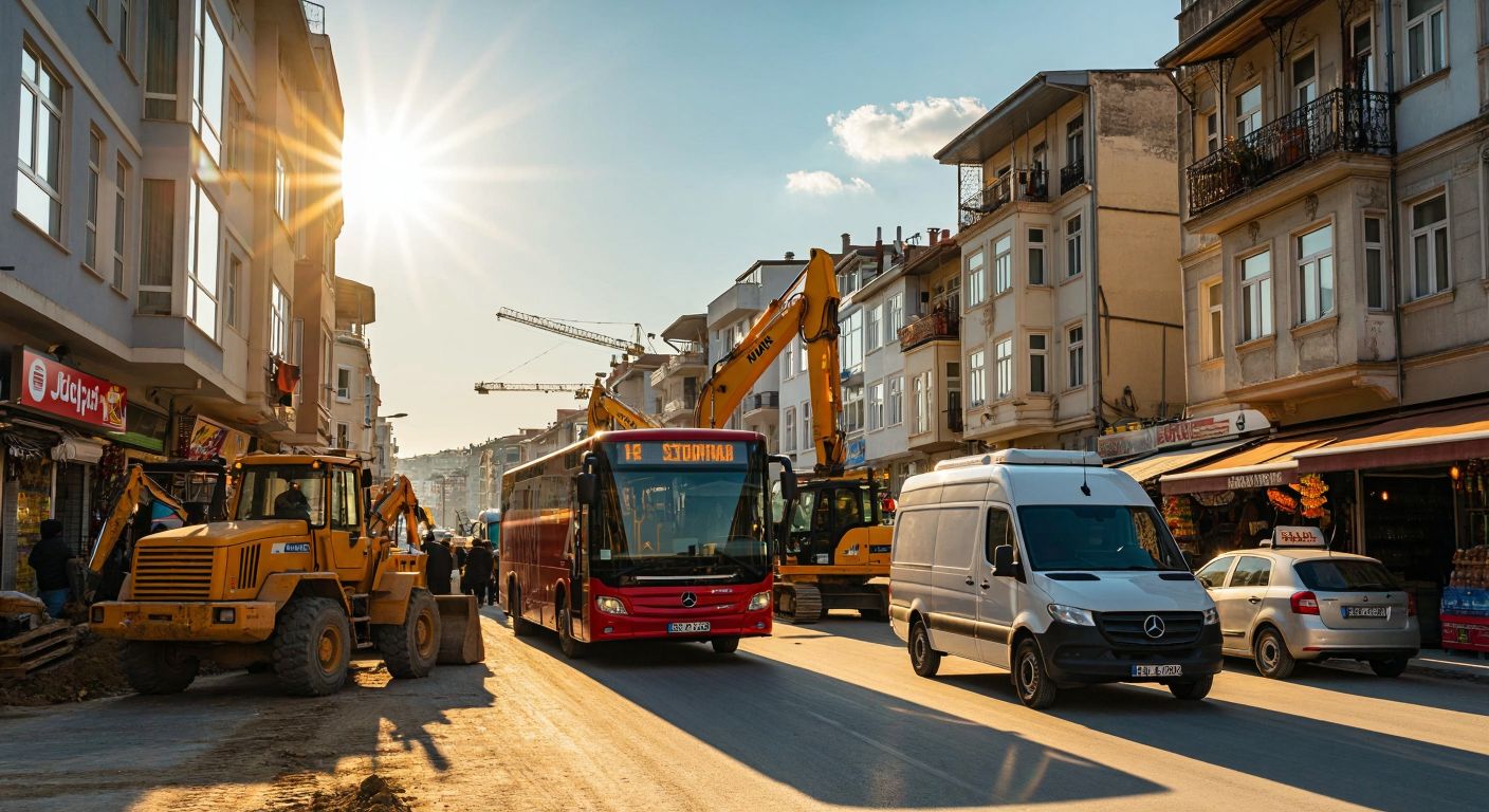 A bustling Turkish city scene with a Platform-branded bus transporting students, a construction site with rented machinery, and a food delivery van parked near a traditional market, all under a bright sun.